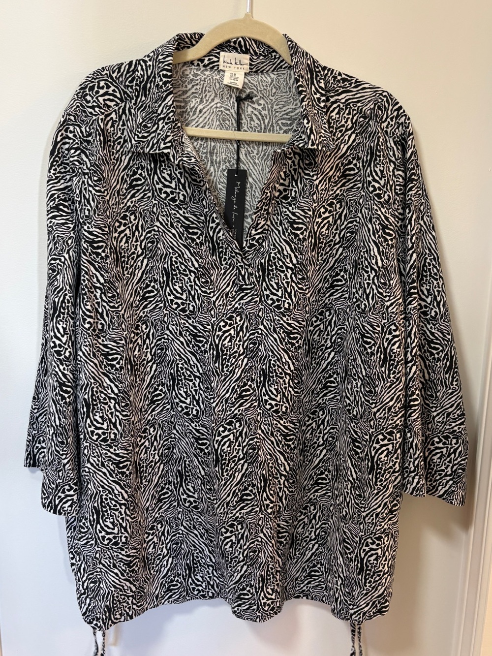 Nicole Miller Linen Blend Blouse 2X Black White Zebra Print 3/4 Length Sleeve